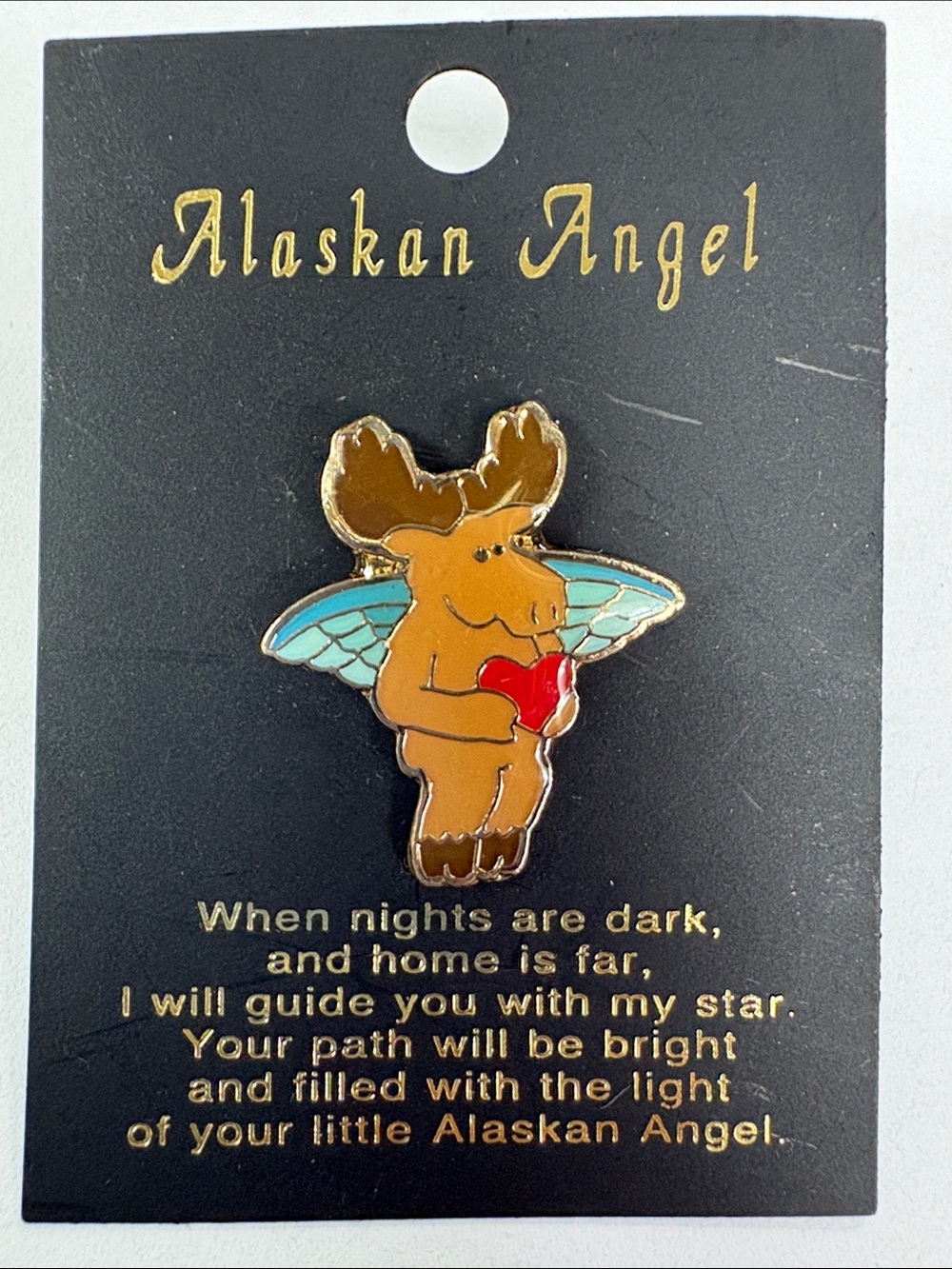 Brown Moose Brooch with Red Heart and Blue Wings